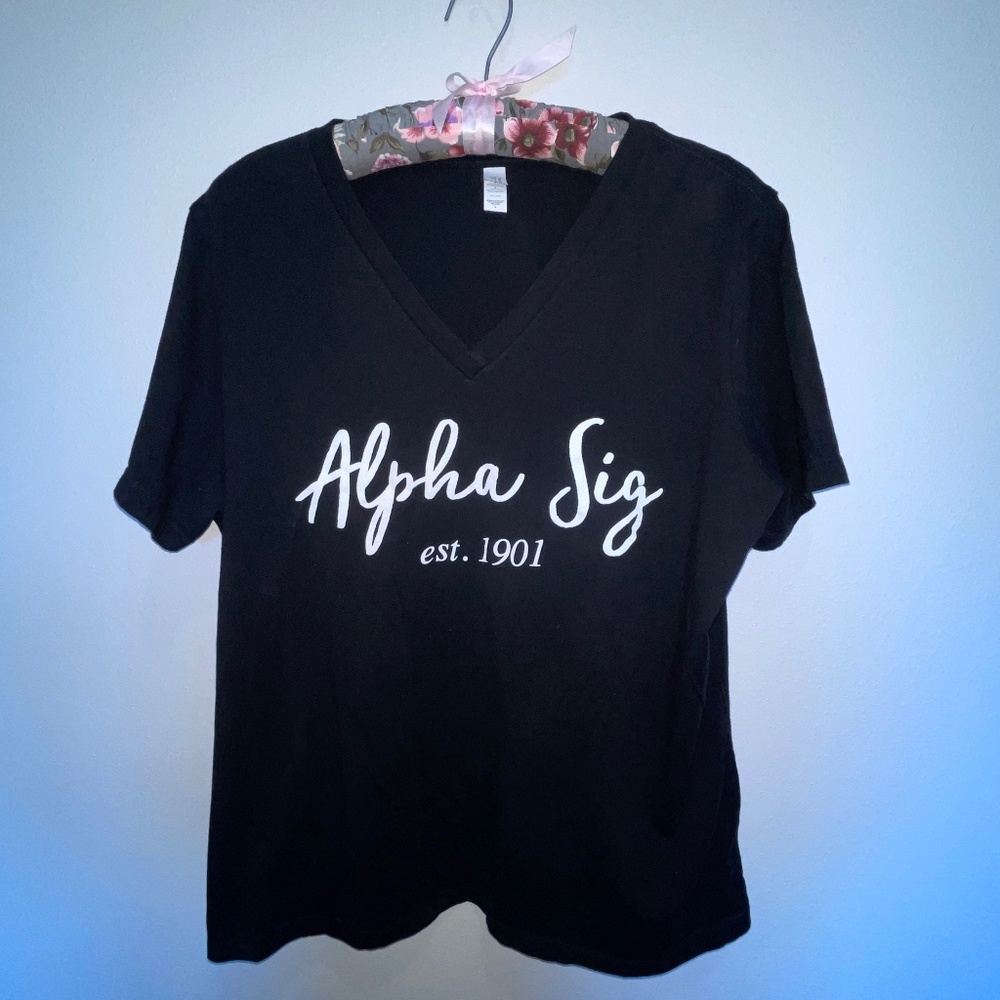 Alpha Sigma Black Bella V-Neck T-Shirt Sorority Est. 1901 College Large